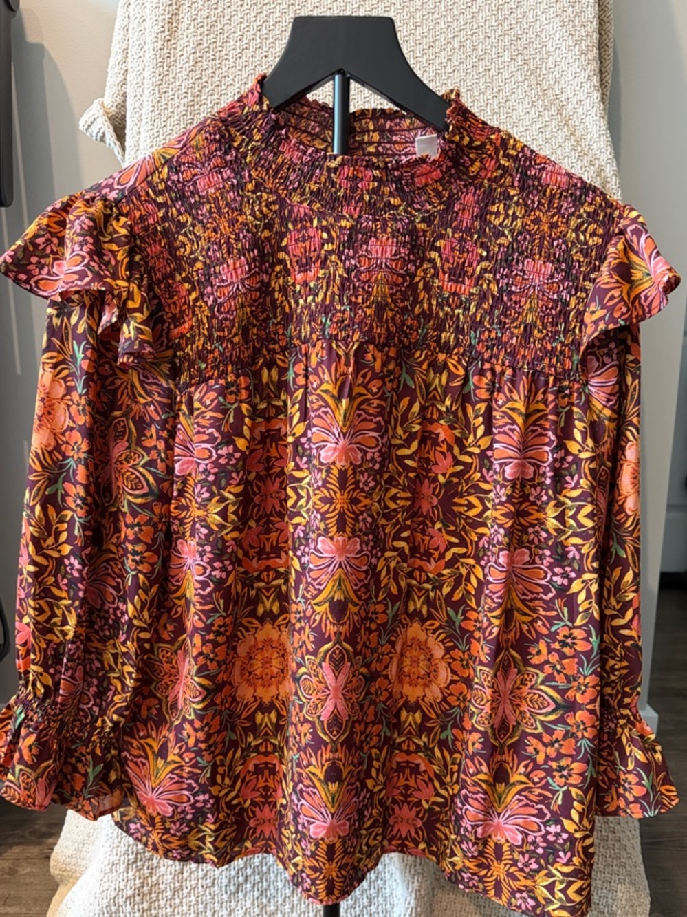 Smocked Floral Ruffle Blouse - Pink & Orange